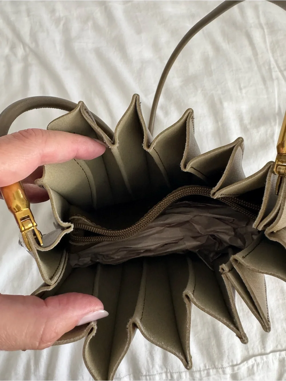 Melie Bianco Olive Pleated Shoulder Bag with Gold Hardware